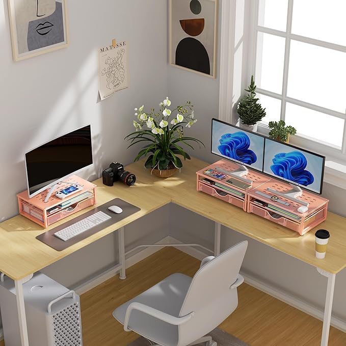 Computer Monitor Stand Riser, Office organizer with Drawer, Rose