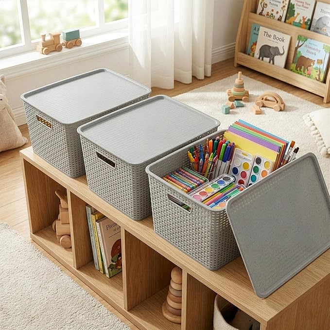 Plastic Storage Baskets with Lids, 45 Liter, 3 Pack, Natural Grey