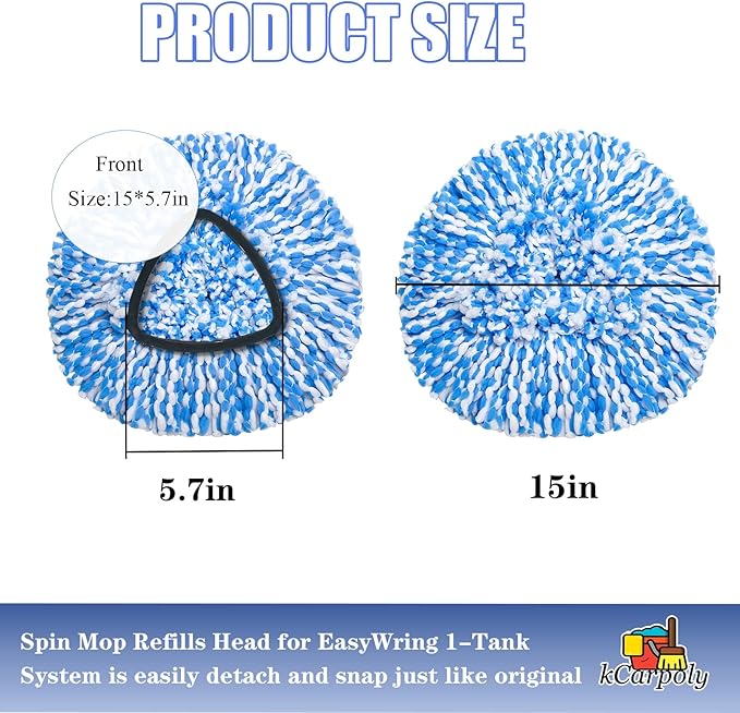 2 Pack Spin Mop Replace Head Compatible for Oceda EasyWring 1 Tank Triangle System, Microfiber Replacement Head Refills for 5.9inch Core, Included Base and 30-58in Handle