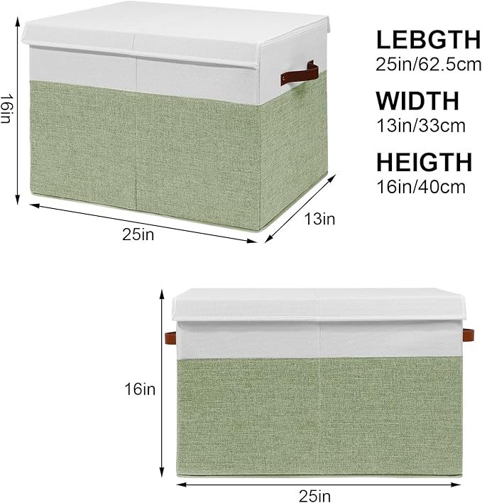 Gowee Large Toy Storage Box with Lid, Sturdy Toys Storage Chest Bin Organizer Basket with Dividers for Kids, Boys, Girls, Nursery, Closet, Bedroom, Playroom 25"x13" x16" (Green and White)