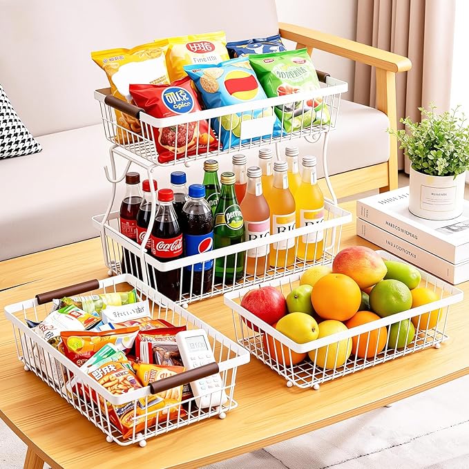 2-Tier Stackable Wire Basket with 2 Banana Hooks, Pantry Organizer for Kitchen Countertops, Cabinets & Under-Sink Spaces; Ideal for Storing Snacks, Fruits, Veggies, Onions, Potatoes, & More，White
