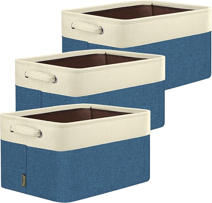 3 Pack Fabric Closet Storage Bins for Shelves, Navy Blue, 12"x8"x8"