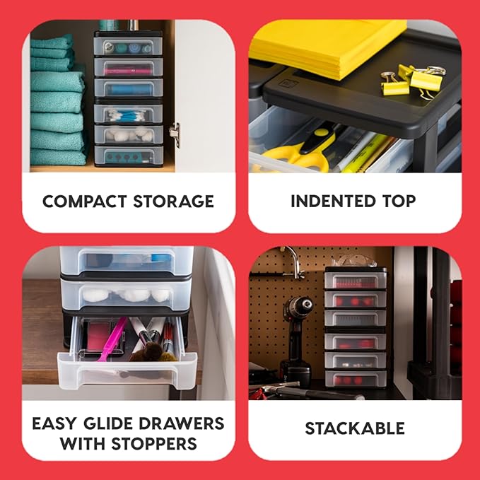 USA Plastic Stacking Desk Top 3-Drawer Storage Organizer, 2-Pack, Black