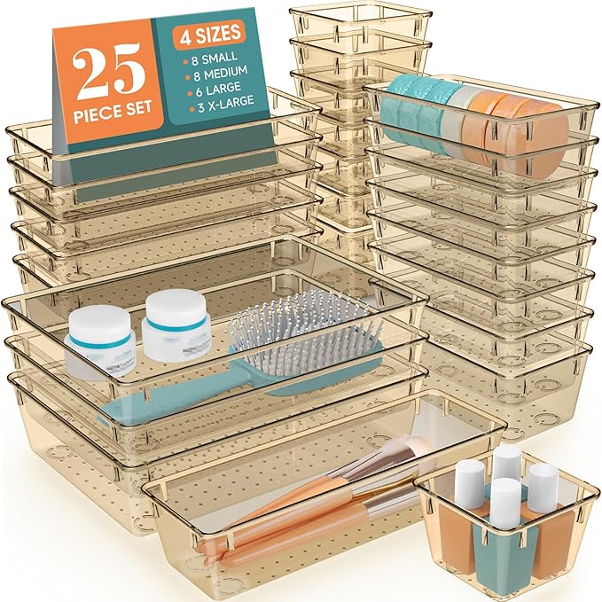 25 PCS Plastic Drawer Organizer Set, Clear Champagne