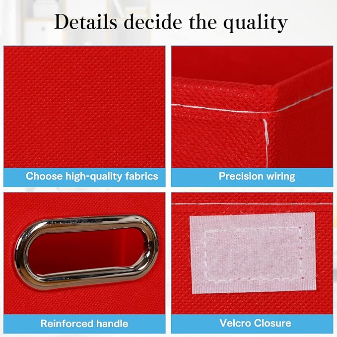 STOREONE Fabric Storage Cube Bins Foldable Organizer Container Collapsible Basket with Lids and Metal Handles, for Home, Bedroom, Closet 3 Pcs (Red)
