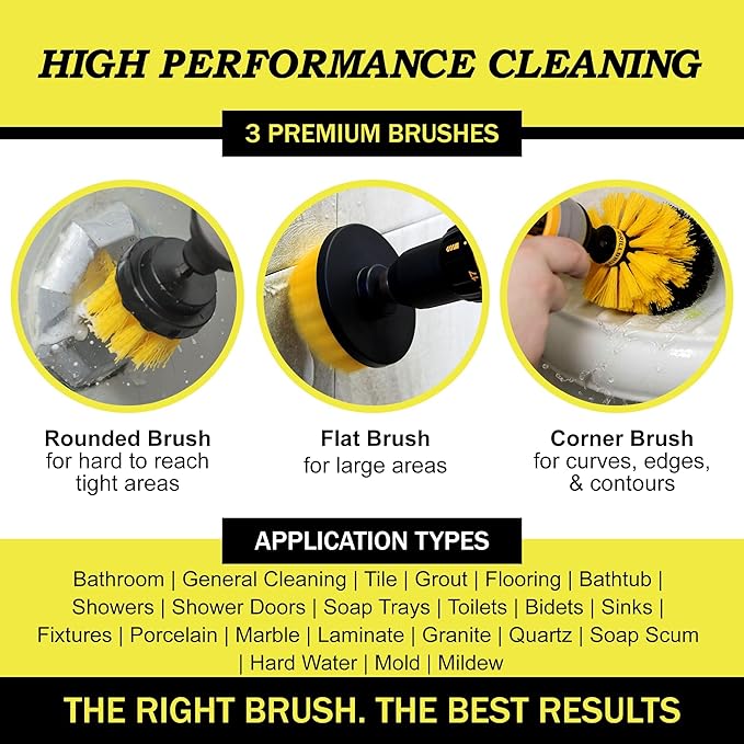 Drillbrush Drill Brush Attachment Set for Bathroom Cleaning – Power Scrubber Brush Kit for Tub, Tile, Shower, and Grout – All-Purpose Household Cleaning Brushes for Drill - Electric Grout Cleaner Kit