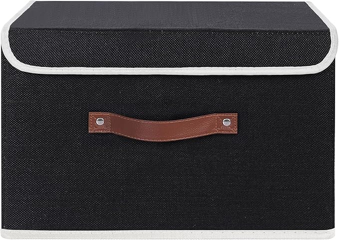ANMINY 2PCS Storage Bin with Lid Storage Boxes with PU Leather Handles PP Plastic Board Decorative Foldable Lidded Cotton Linen Fabric Home Cubes
