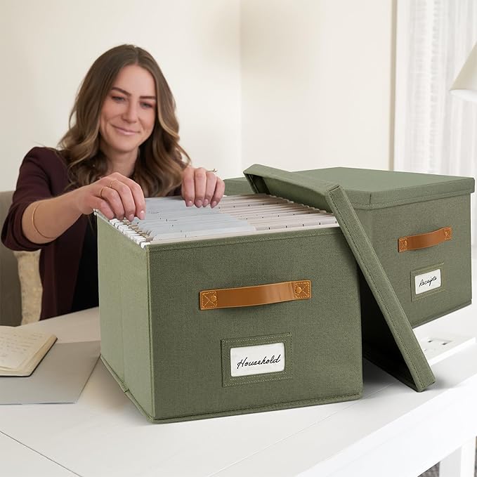 ZICOTO Decorative File Organizer Box Set of 2 - Collapsible Linen Filing Cabinets w/Handles Are Perfect to Store all Your Documents & Hanging File