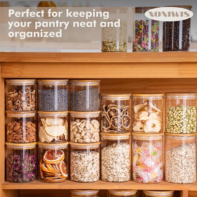 25oz 6PCS Round Airtight Glass Food Storage Jars, Clear Glass Food Storage Container with Bamboo Lid, Stackable Spice Jar, Kitchen Canister for Sugar, Tea, Coffee bean, Pasta, Oat, Spice