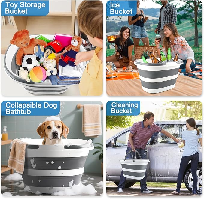 28L Large Collapsible Mop Bucket with Handle for Cleaning, Silicone Portable Pet Bathtub for Puppy Small Dogs Cats, Foldable Laundry Basket Hamper Clothes Storage Bin Space Saving Design for RV Home