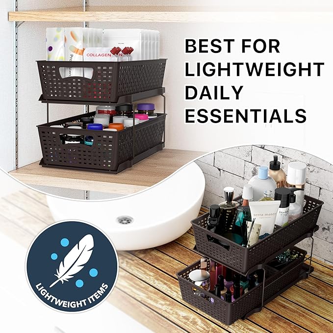 Simple Houseware 2 Tier Bathroom Organizer Tray Pull-Out Sliding Drawer, Under Sink Storage, Brown