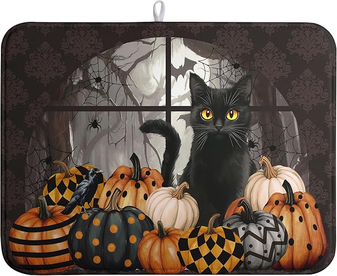 Halloween Black Cat Dish Drying Mat Fall Halloween Pumpkins Large Kitchen Mats Dish Drying Pad Absorbent Dish Dryer Mat for Kitchen Countertops Microfiber Drainer Pad Dish Drying Mats (18x24 in)