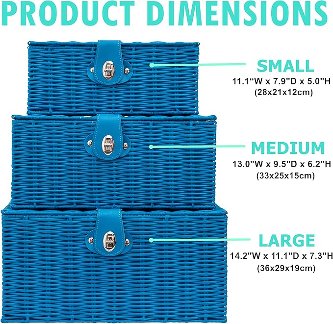 Set of 3 Woven Wicker Storage Basket Box with Lids & Lock, Blue