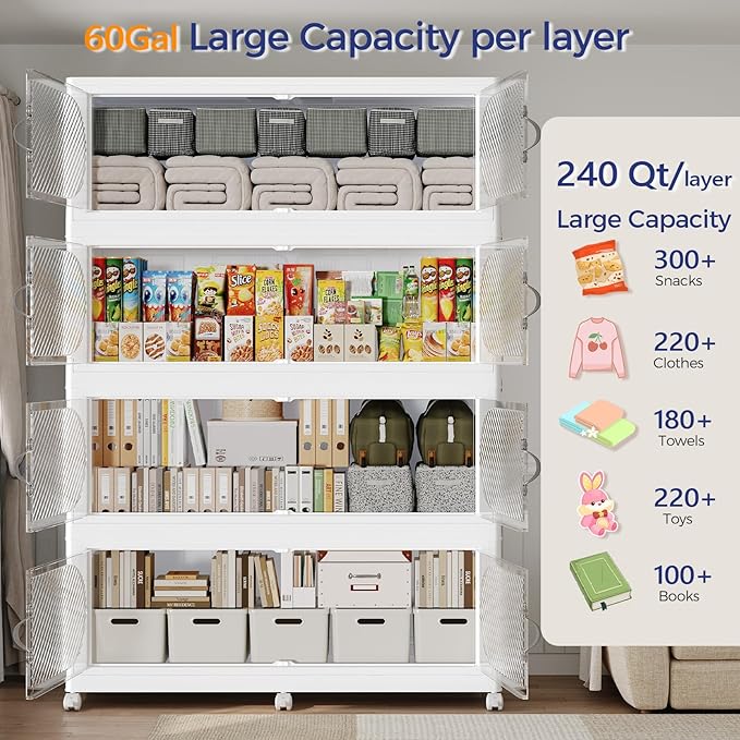 180GAL Plastic Storage Bins with Lid, 720QT Extra Large Stackable Closet Organizers and Storage, Collapsible Storage Boxes with Wheels, Folding Cabinet for Home Kitchen Office, 3Pack White