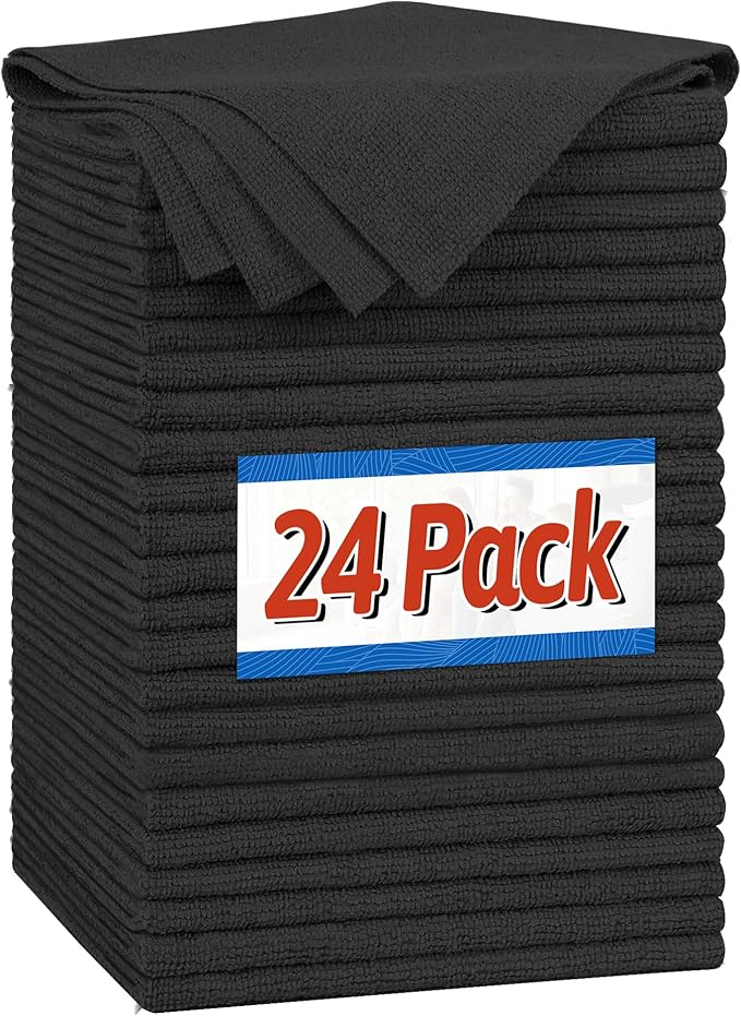 FIXSMITH Microfiber Cleaning Cloth, Shop Towels Bulk, 24 Pack Black Microfiber Towels for Cars, All-Purpose Absorbent Cleaning Rags, Dust Cloth for Automotive, Mechanic, Garage, Bar, 12 x 11 inch