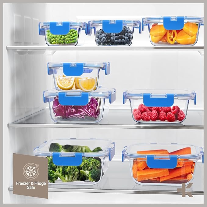 Bakken Borosilicate Glass Food Storage Containers with Lids 16 Pieces, Blue