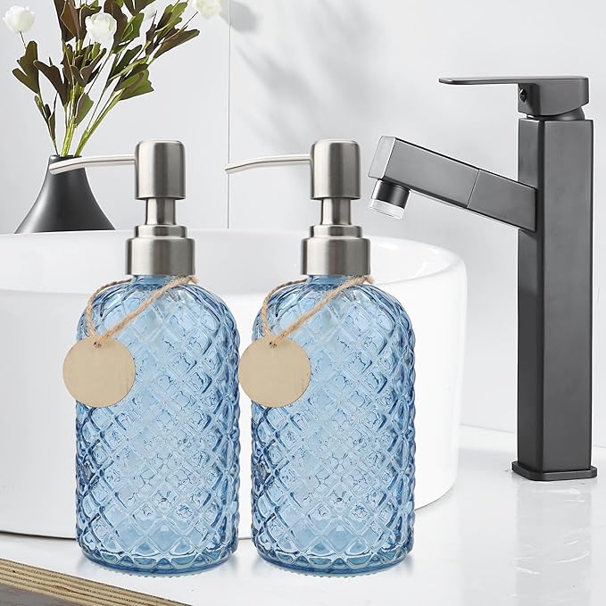 13.5Oz Gem Design Soap Dispenser with Rustproof Stainless Steel Pump for Bathroom and Kitchen, Refillable Liquid Glass Soap Dispenser for Hand Soap, Dish Soap, Lotion (Blue)