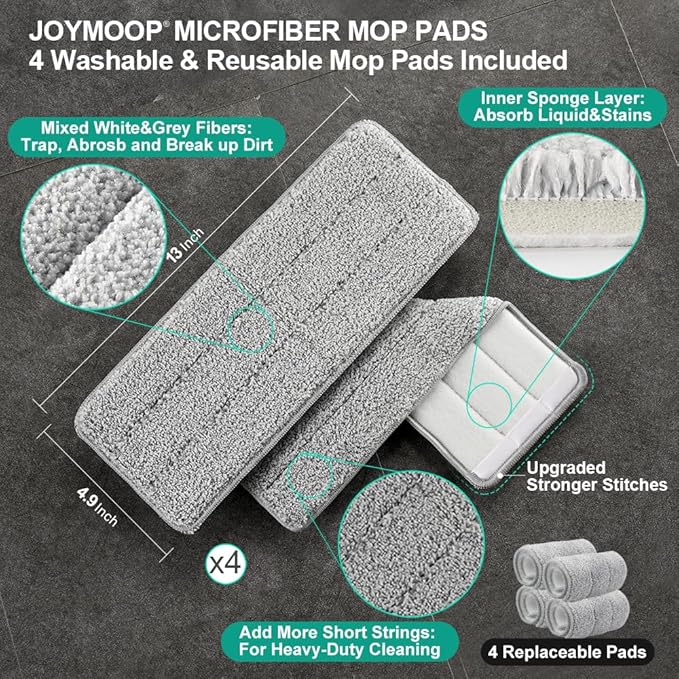 JOYMOOP Mop and Bucket Set, Dust Mops for Floor Cleaning, Wall Mop with 4 Microfiber Mop Head Replacement