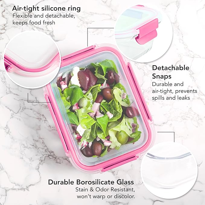 ECOBERI 4.5 Cup Glass Meal Prep Containers with Lids & Silicone Sleeves, 3-Pack Airtight, Leak-Resistant Food Storage Containers for Fridge, Freezer