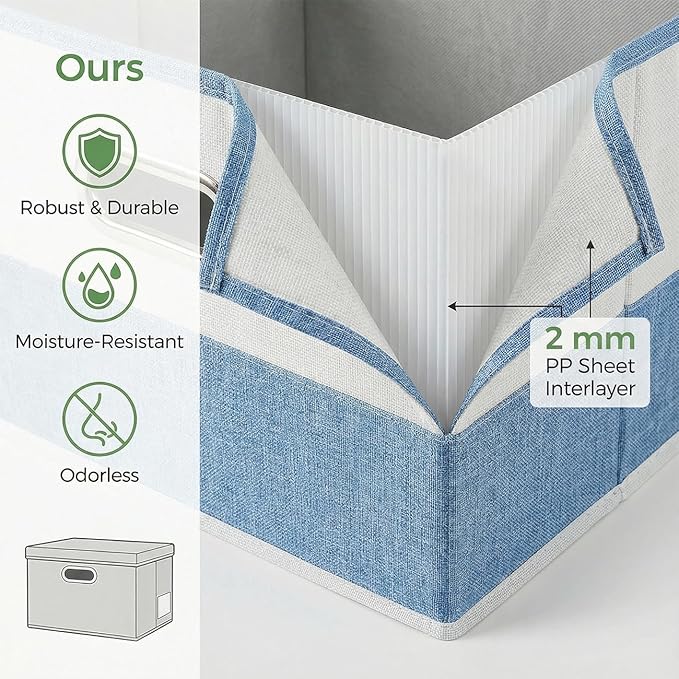 PRANDOM Storage Bins [3-Pack] Linen Foldable Boxes - Blue & White