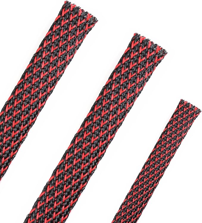 25ft PET Expandable Braided Cable Sleeve 1/2inch(12mm) Pet Braided Cable Sleeve for Audio Video Device Wire Automotive Wire (Black Red)