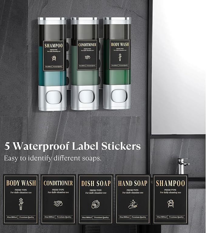 Luxspire Shampoo and Conditioner Dispenser, No Drill Wall Mounted Shower Soap Dispenser 3 Chamber with Waterproof Labels, Easy Refill Soap Dispenser for Bathroom Hotel Kitchen, Silver
