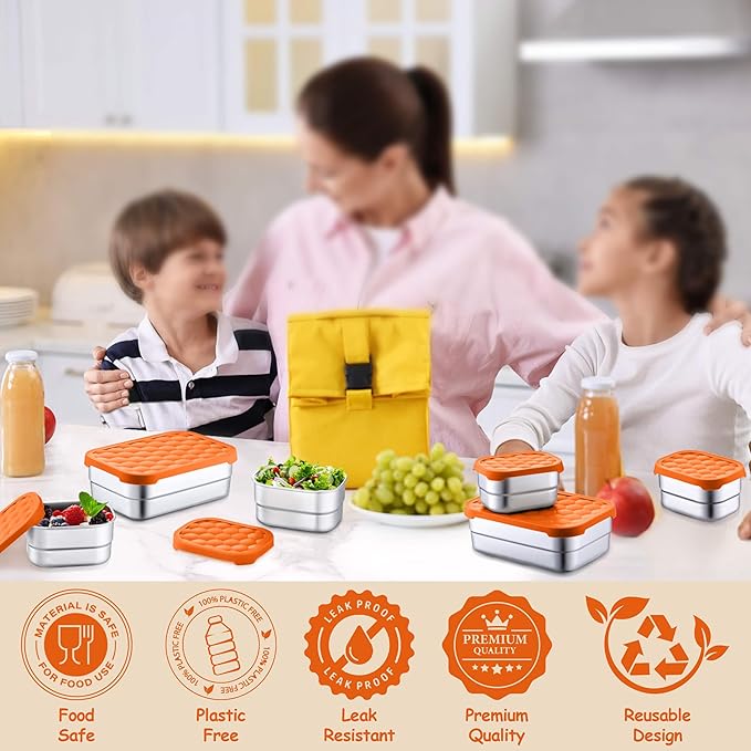 Homikit 3 Pack Kids Lunch Box Set, 18/10 Stainless Steel Bento Boxes with Silicone Lids Leak Proof