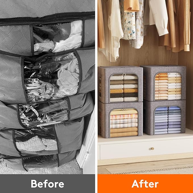 Lifewit Clothes Storage Bins with Metal Frame, Stackable Storage Box, Foldable Clothing Storage Bins with Lids