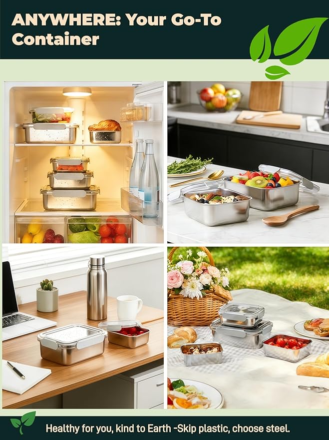 Stainless Steel Food Storage Containers with Leak-Proof Latching Lid, Reusable Bento Lunch Box for Snacks & Meal Prep, Oven/Dishwasher/Freezer Safe, Silver, 44oz