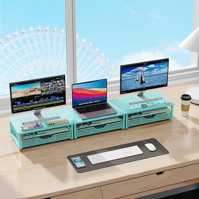 Computer Monitor Stand Riser, Office organizer with Drawer, Blue