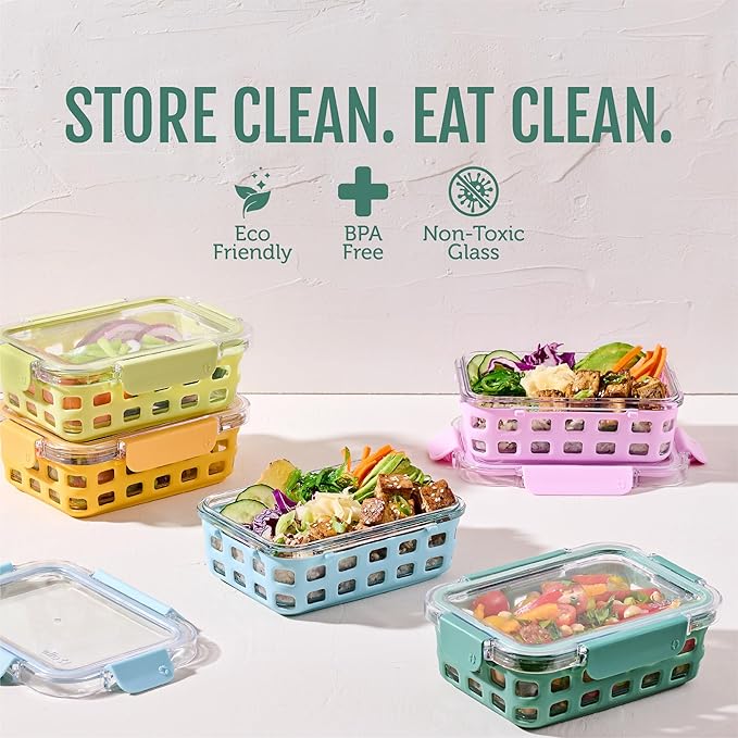 Ello Duraglass 3.4 Cup Meal Prep Sets 10Pc, 5 Pack Set- Glass Food Storage Container with Silicone Sleeve and Airtight BPA-Free Plastic Lids