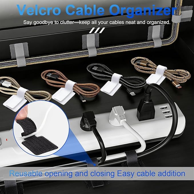 80Pcs Hook and Loop Cable Ties Under Desk Cable Management Adhesive Strips for Cord Hider Wire Organizer Computer Accessories for Desk Home Office Organization Essentials - Gray