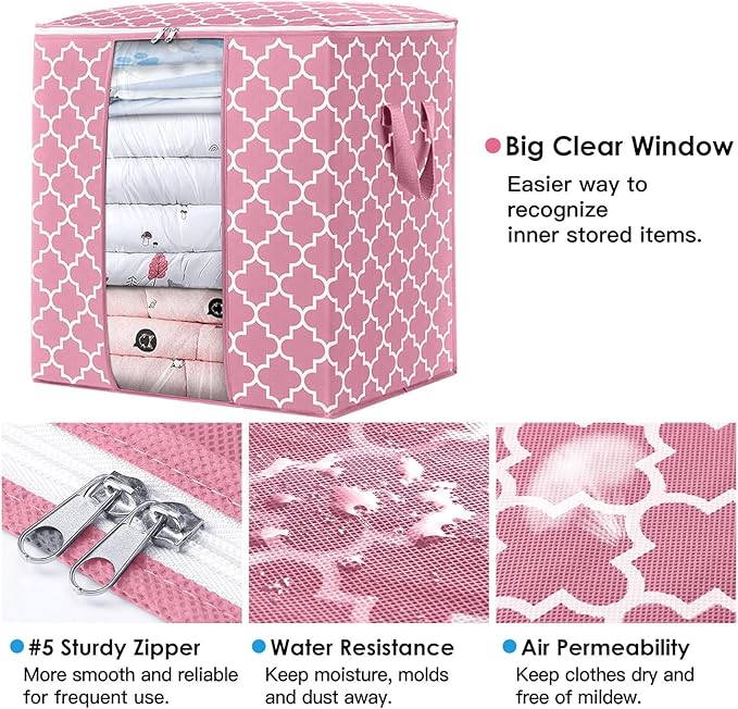 Storage Bags 3 Pack/100L Large Blanket Clothes Organization and Storage, Pink
