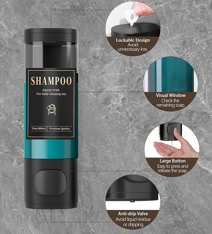 Luxspire Shampoo and Conditioner Dispenser, No Drill Wall Mounted Shower Soap Dispenser 1 Chamber with Waterproof Labels, Easy Refill Soap Dispenser for Bathroom Hotel Kitchen, Black