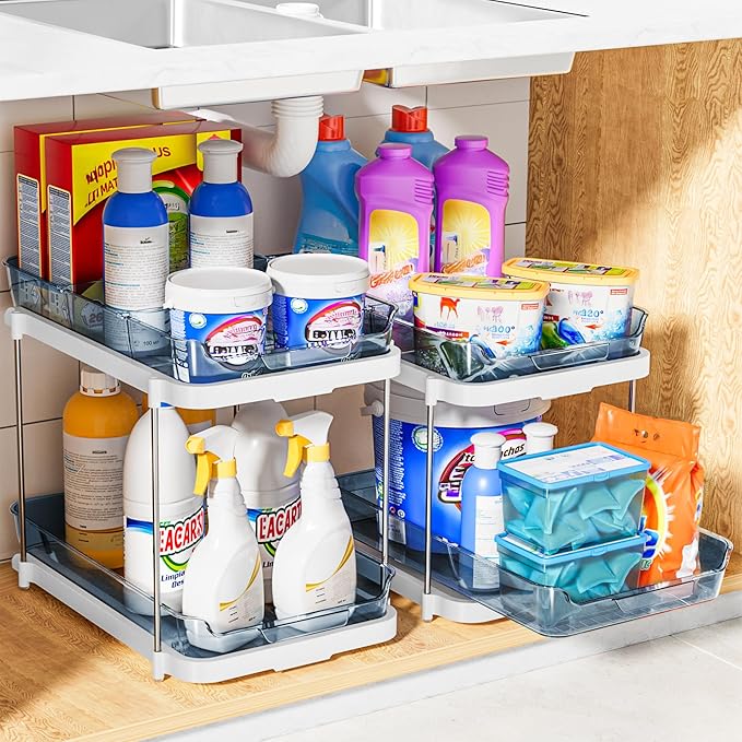 Delamu 2-Tier Multi-Purpose Bathroom Under Sink Organizers and Storage, Stackable Kitchen Pantry Organization