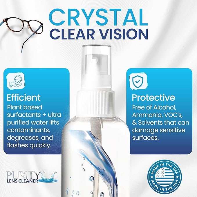 Purity Eyeglass Lens Cleaner Spray Kit - 3 x 8oz Lens Cleaner Spray Bottle + 2 Microfiber Cloth for Cleaning - Safe for All Lenses
