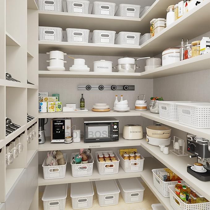 White Plastic Storage Baskets with Lids 12 Pack Stackable Storage Bins
