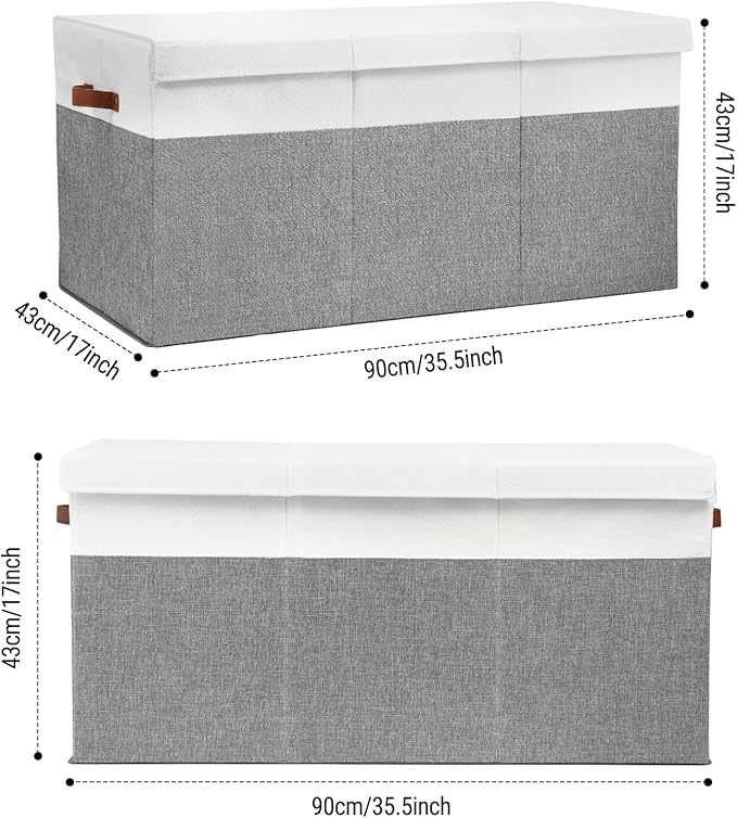 Gowee Extra Large Toy Storage Box with Lid, Sturdy Toys Storage Chest Bin Organizer Basket with Dividers for Kids, Boys, Girls, Nursery, Closet, Bedroom, Playroom 35.5"x17" x17"(Grey and White)