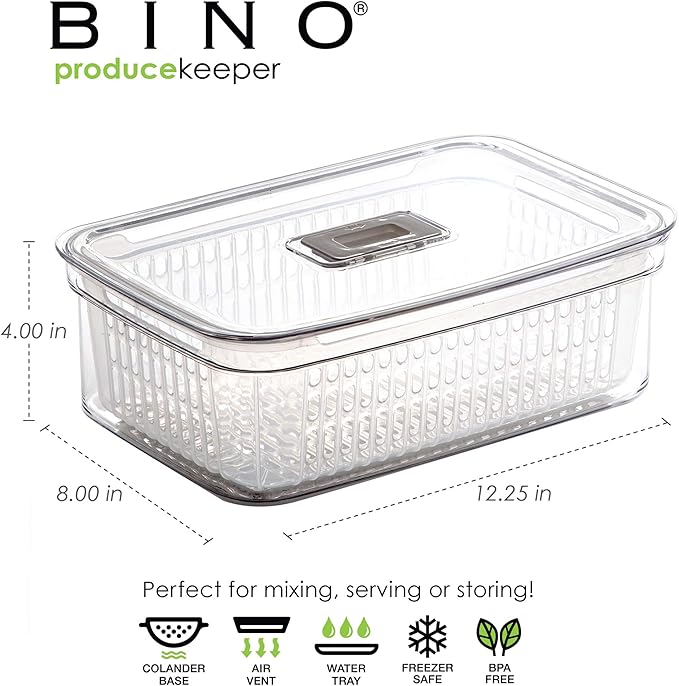 BINO | Produce Saver - 15.2 Cup/3.6L | Fridge Storage Containers for Fruits and Vegetables | Vegetable Storage with Adjustable Air Vent, Removable Basket | BPA-Free Fridge Organizers and Storage