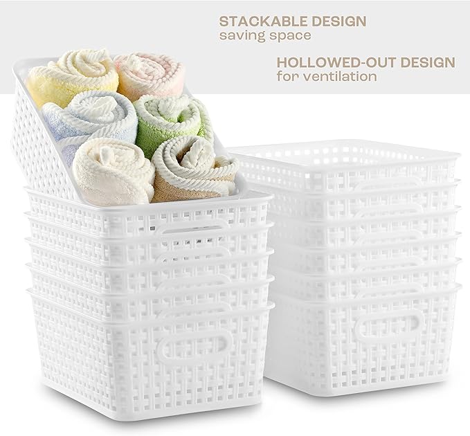 White Plastic Storage Baskets/Bins, 12-Pack Stackable Basket Pantry Organizer, Household Organizers for Bathrooms, Kitchens, Shelves, Classroom, Cabinets, Countertops and Bedrooms