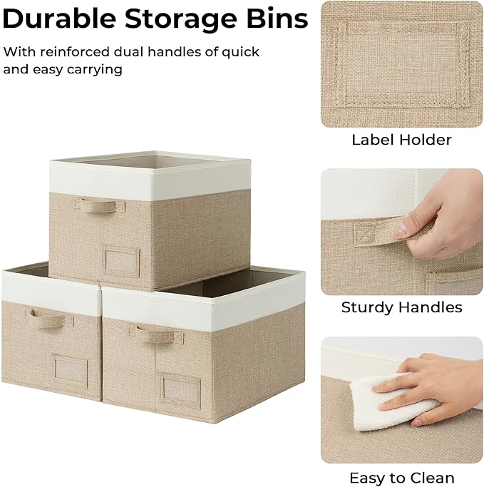 GRANNY SAYS Closet Storage Baskets for Shelves, Large Fabric Storage Bins, Collapsible Clothing Storage and Organization, Decorative Storage Bins, Khaki&Ivory, Large, 3-Pack