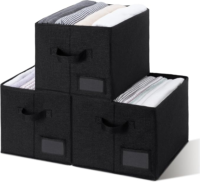 GRANNY SAYS Storage Baskets for Shelves, Fabric Storage Bins for Clothes, Closet Organization Bins, Collapsible Storage Bins with Handles, Decorative Storage Box, Black, Large, 3-Pack