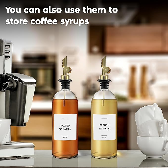 Spaceneat Olive Oil Dispenser Bottle - Includes 55 Kitchen Essential Labels - Cooking Oil Bottles for Kitchen, Coffee Syrup Dispenser - Pourer Spout with 16.9 fl oz Glass Container Cruet - 2pcs, Gold