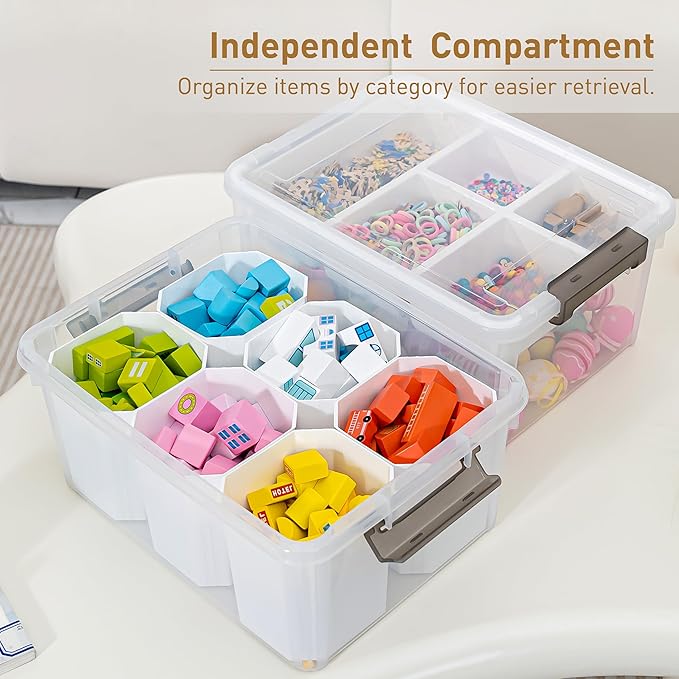 Citylife 17 QT Plastic Storage Box with Removable Tray and 6 Detachable Tall Inserts Craft Organizers and Storage Clear Storage Container for Organizing Crayon, Craft, Sewing, Playdoh, 4 Packs