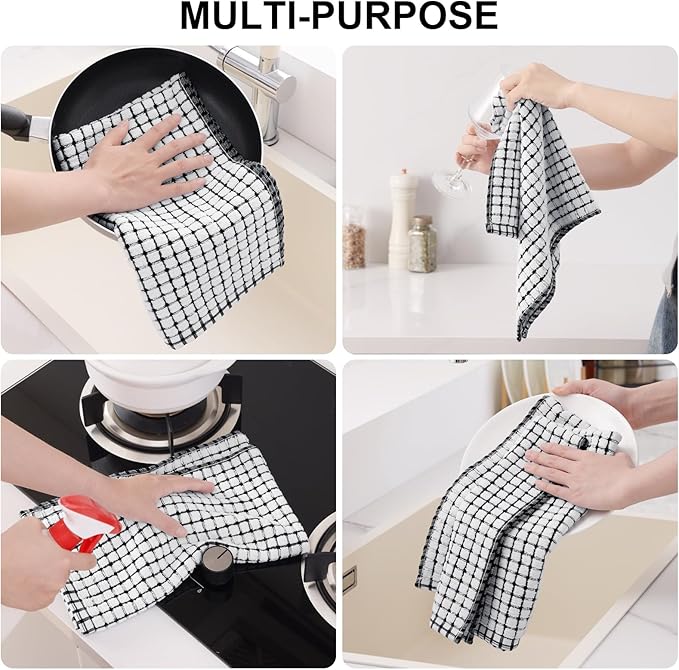 Kitinjoy Cotton 16 Pack Kitchen Towels and Dishcloths Sets, 16 x 25 Inch & 12 X 12 Inch Dish Towels Bulk, Super Soft and Absorbent Hand Towels for Kitchen Drying, Black