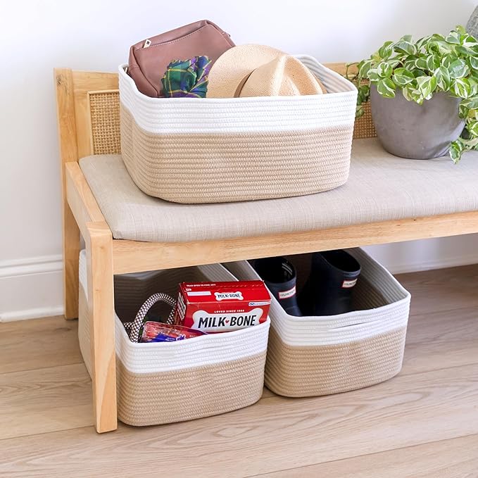 NaturalCozy Storage Baskets 16.8”x13”x7.6” Cotton Rope Woven Baskets for Organizing 3-Pack | Toy Storage Bins | Basket for Shelves, Laundry, Blanket