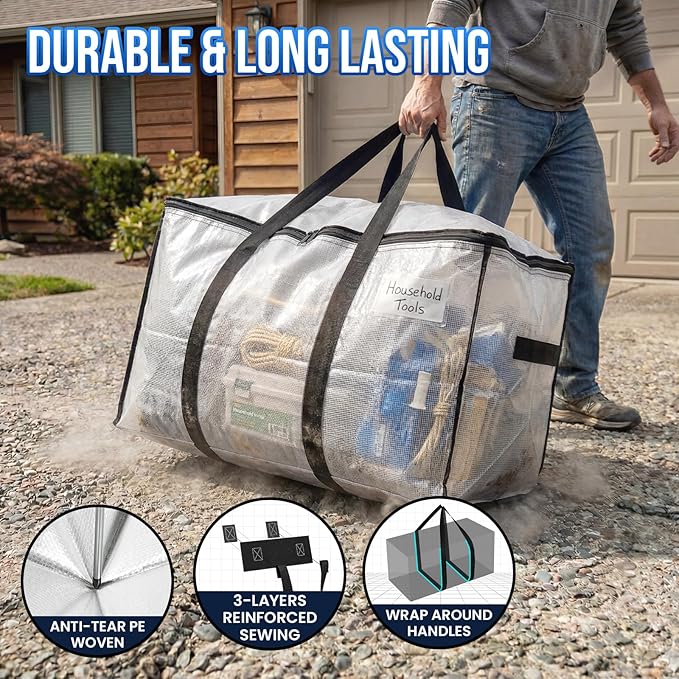 TAILI Extra Large Moving Bags, 4 Pack Clear Heavy Duty Totes For Storage with Visible Window, Wrap Around Handles, Storage Bags for Space Saving