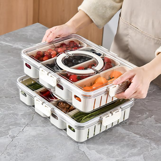 MineSign Divided Snackle Box with Lids Stackable Food Serving Tray for Fruit&Veggie Plastic Fridge Storage Container for Pantry Freezer Clear Snack Box for Meal Prep Candy Nuts Spice