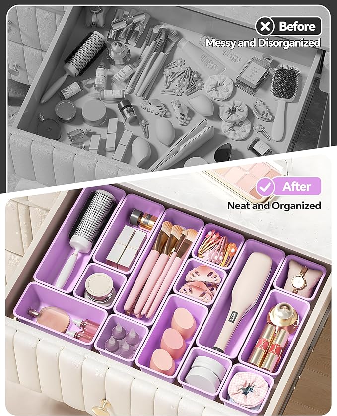 13 Pack Plastic Drawer Organizers Set, Purple