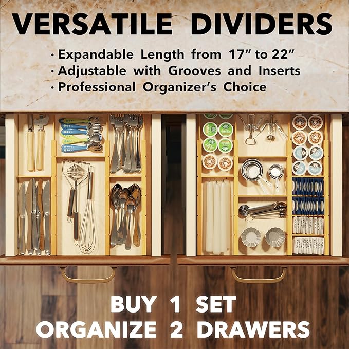 SpaceAid Bamboo Drawer Dividers with Inserts and Labels, Kitchen Adjustable Drawer Organizers, Expandable Organization for Home, Office, Dressers, 7 Dividers with 15 Inserts (17"-22" Natural)